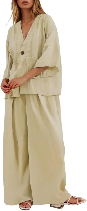 Two Piece Linen Sets For Women Pants Plus Size Travel Outfits Loose Lounge Sets Summer Casual Jogger Pants Suit