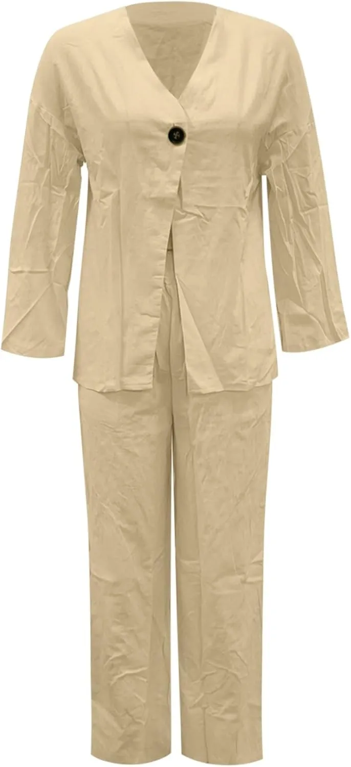 Two Piece Linen Sets For Women Pants Plus Size Travel Outfits Loose Lounge Sets Summer Casual Jogger Pants Suit