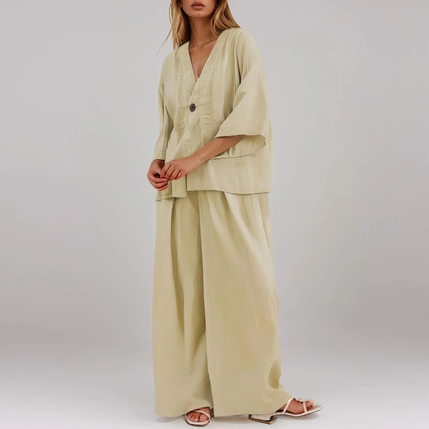 Two Piece Linen Sets For Women Pants Plus Size Travel Outfits Loose Lounge Sets Summer Casual Jogger Pants Suit