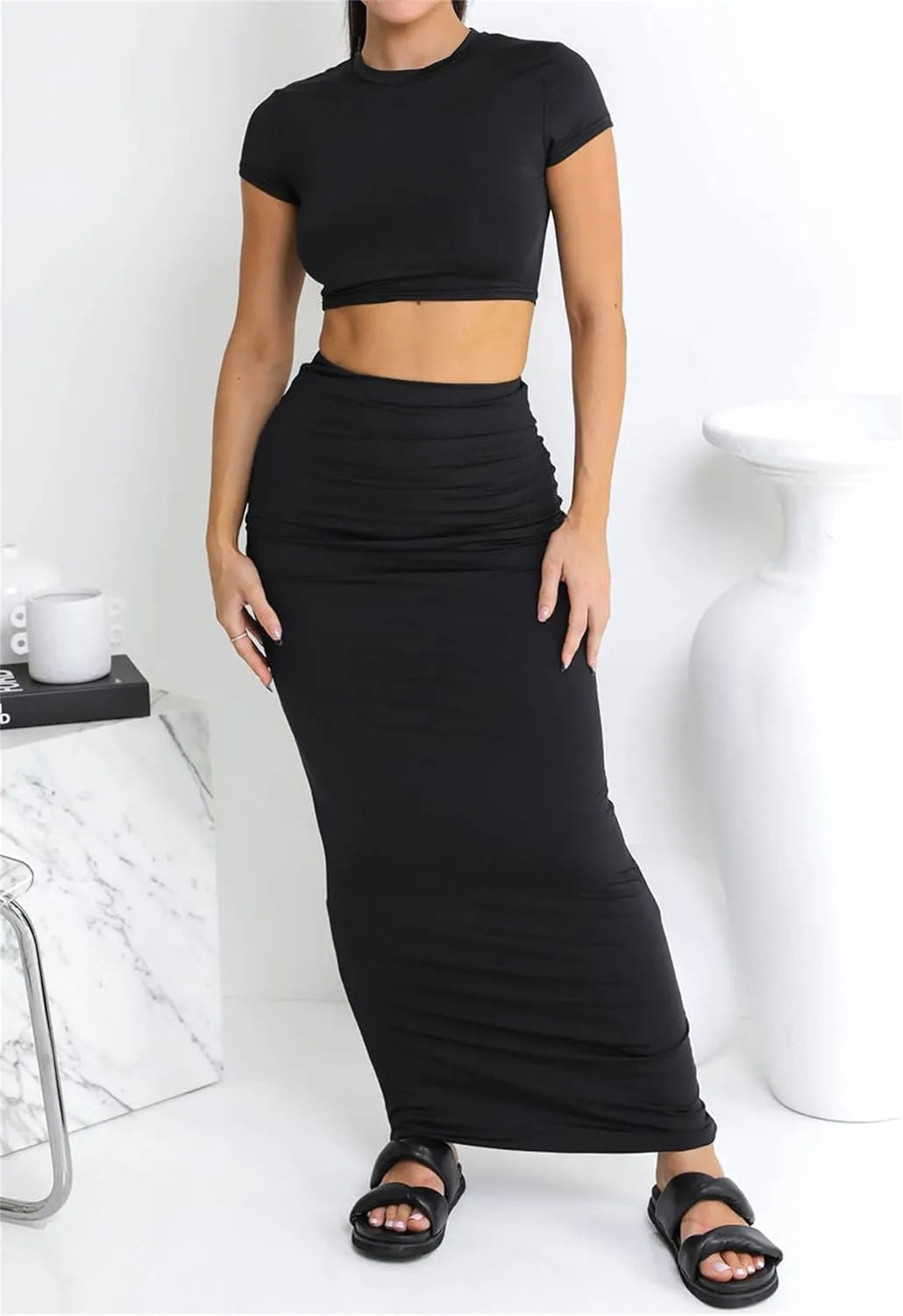 Two Piece Skirt Set for Women 2 PC Y2K Outfits Short Sleeve Crop Tops Bodycon High Waist Long Maxi Skirts