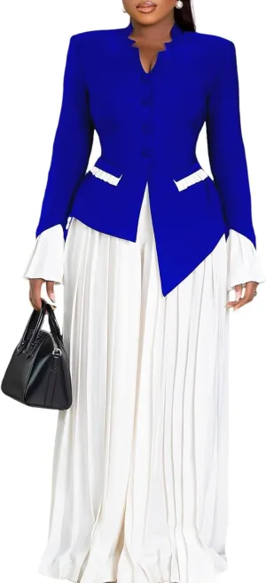 Unybwonn Women's Two Piece Suits Sets Dressy Long Sleeve Blazer Palazzo Chiffon Baggy Pants Elegant Business Outfits