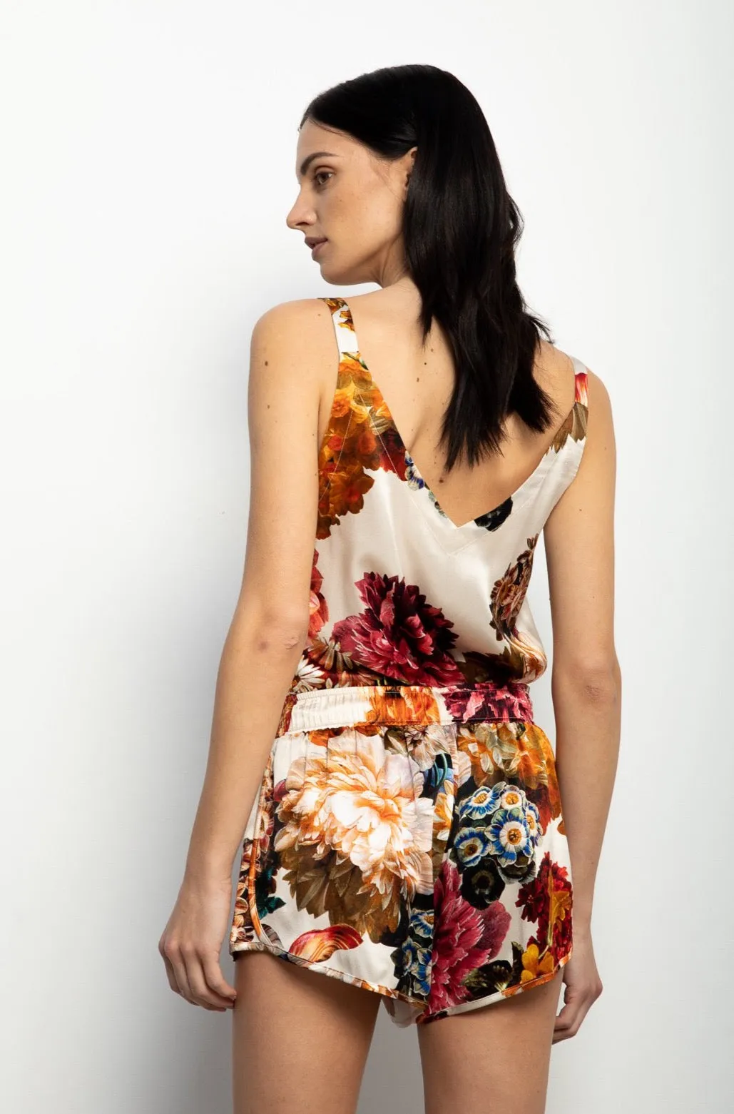 V-Neck Cami   Ivory Bouquet Stretch Silk