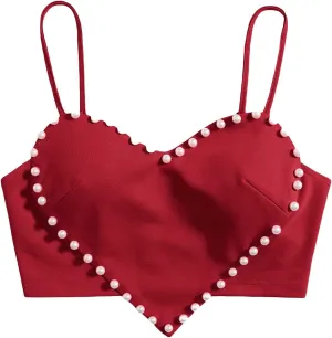 WDIRARA Women's Pearls Sleeveless Asymmetrical Hem Heart Crop Cami Top Sexy Camisole