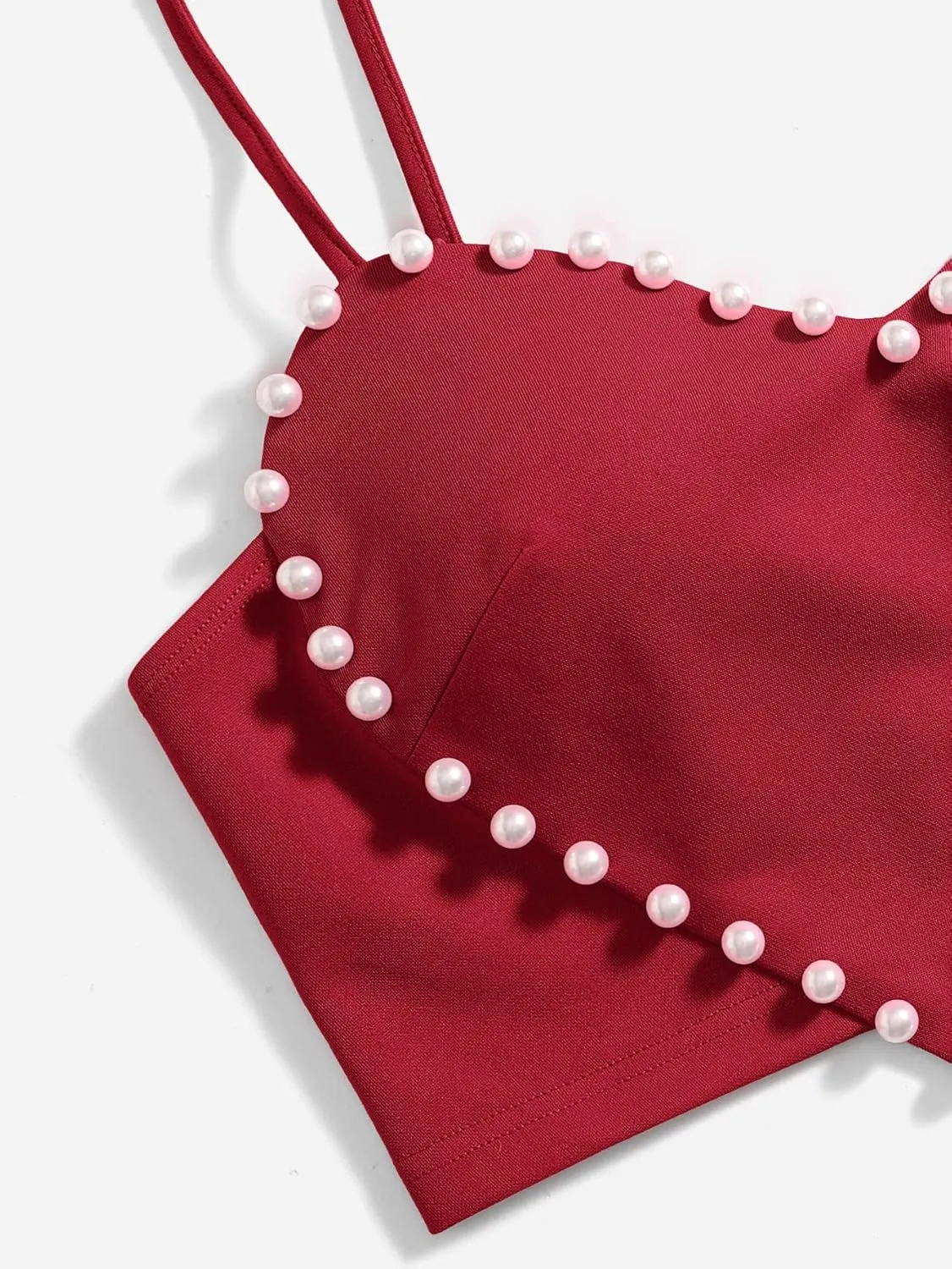 WDIRARA Women's Pearls Sleeveless Asymmetrical Hem Heart Crop Cami Top Sexy Camisole