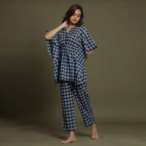White Glitched Mandala On Blue Kaftan Pyjama