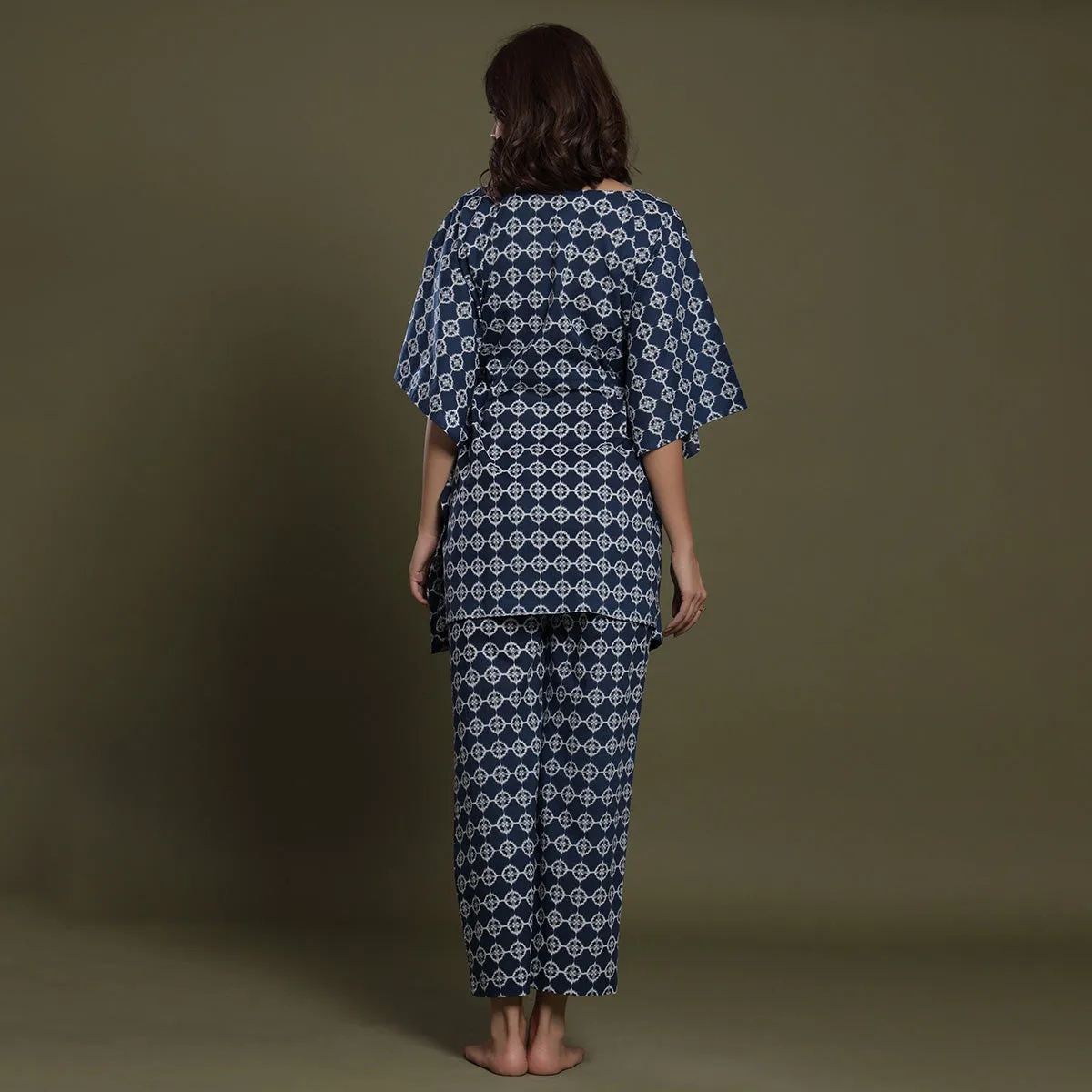 White Glitched Mandala On Blue Kaftan Pyjama
