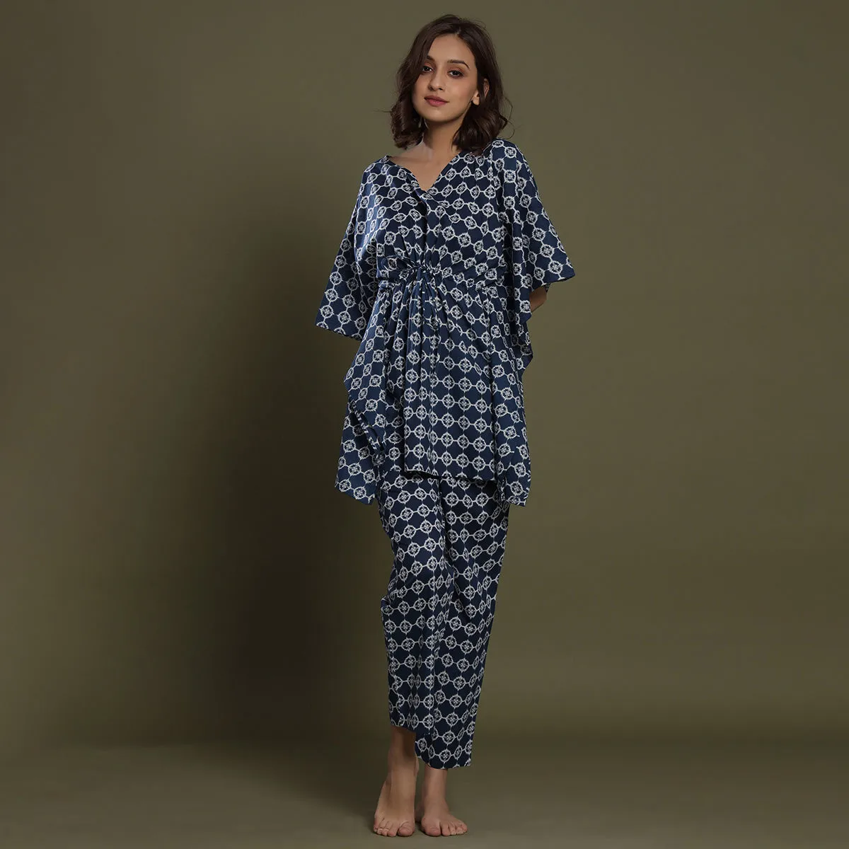 White Glitched Mandala On Blue Kaftan Pyjama