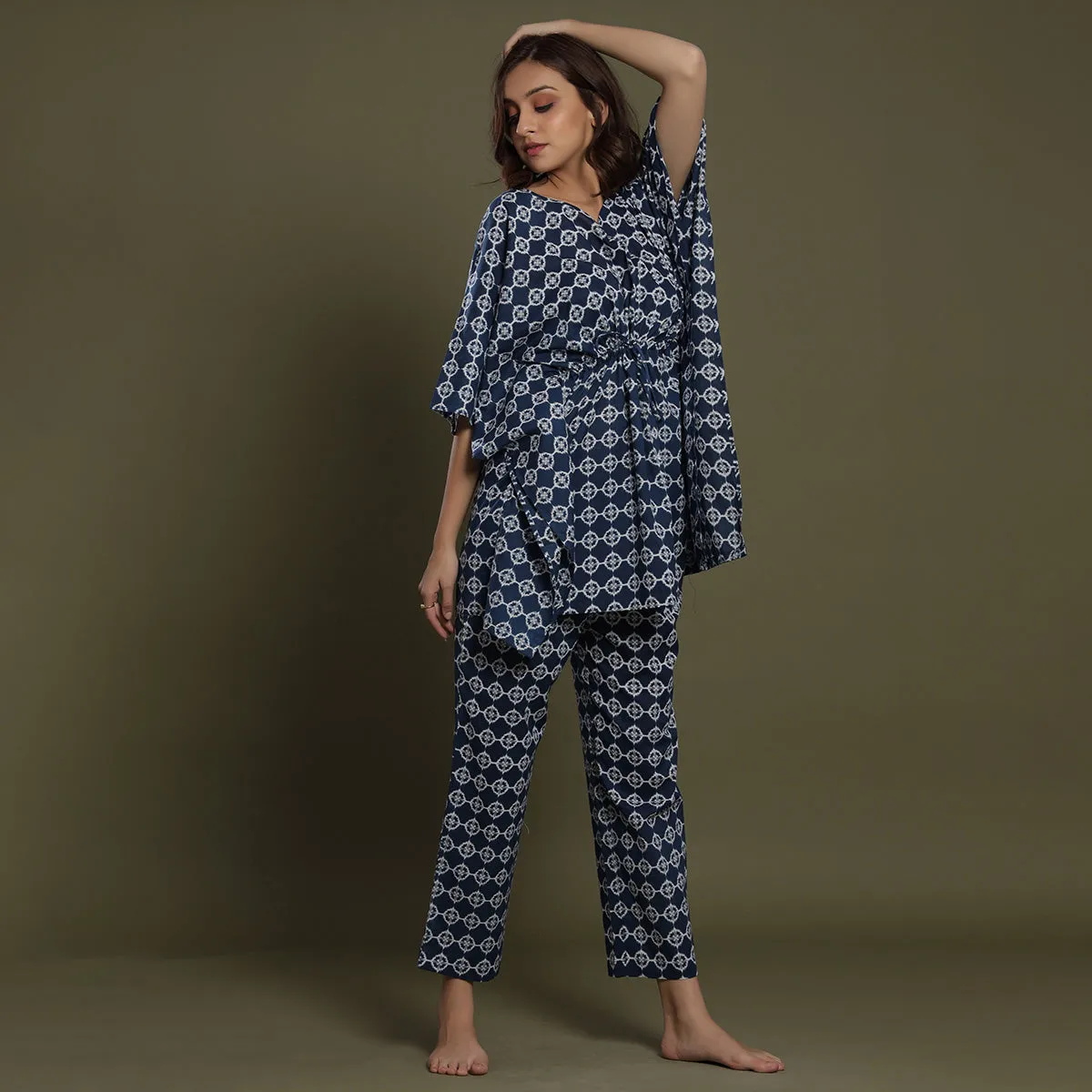 White Glitched Mandala On Blue Kaftan Pyjama