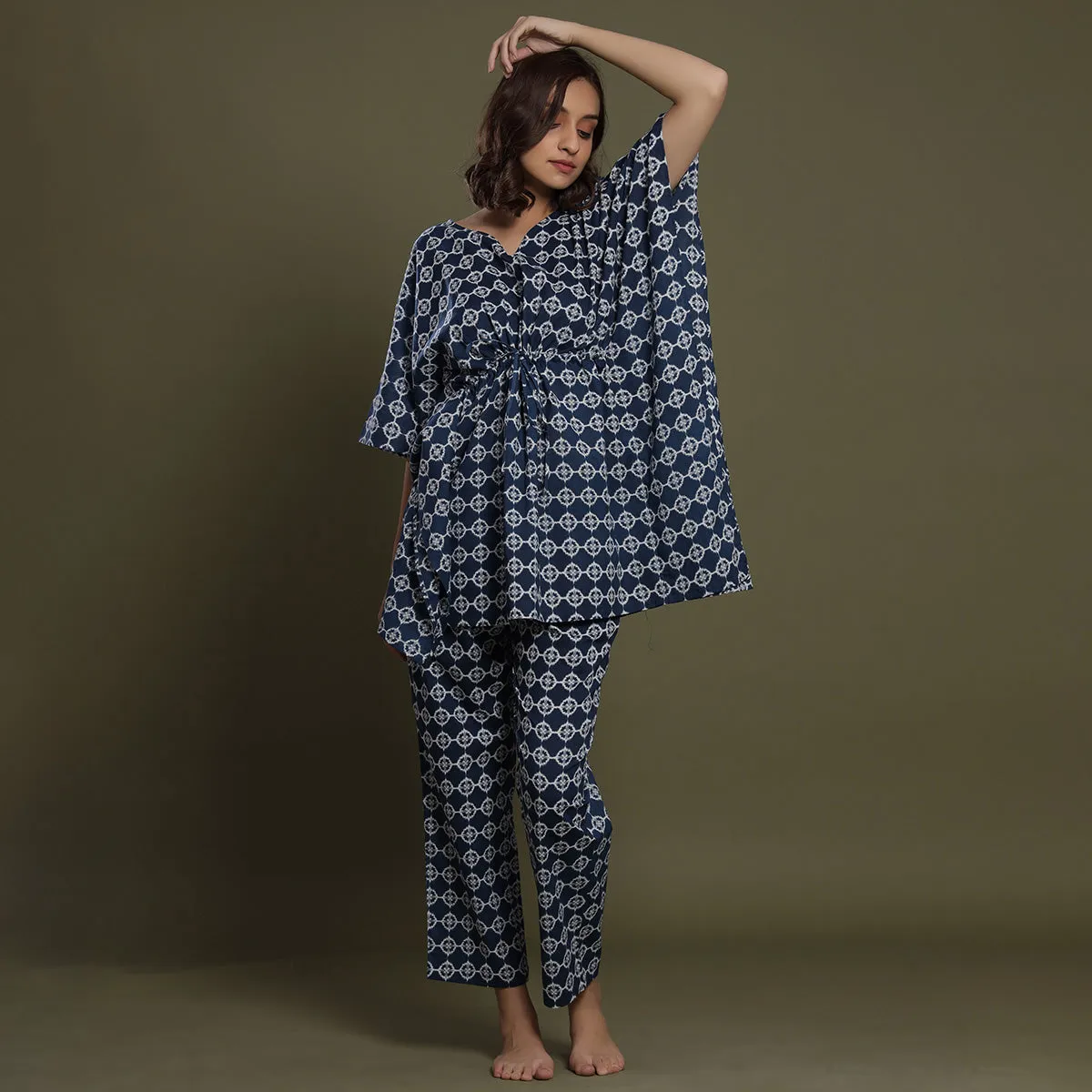 White Glitched Mandala On Blue Kaftan Pyjama