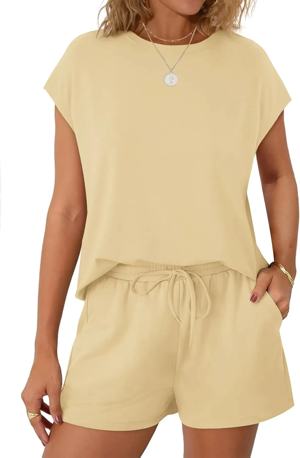 WIHOLL Two Piece Sets for Women Summer Crew Neck Lounge Short Sets Cap Sleeve Drawstring Sweatsuit with Pocket