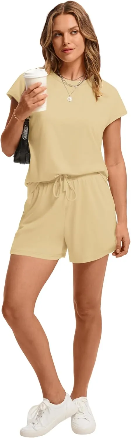 WIHOLL Two Piece Sets for Women Summer Crew Neck Lounge Short Sets Cap Sleeve Drawstring Sweatsuit with Pocket