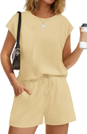 WIHOLL Two Piece Sets for Women Summer Crew Neck Lounge Short Sets Cap Sleeve Drawstring Sweatsuit with Pocket