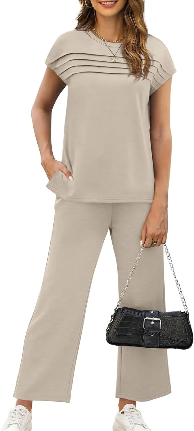 WIHOLL Two Piece Sets for Women Summer Travel Vacation Outfits Cap Sleeve Lounge Matching Sets Wide Leg Pants S-3XL