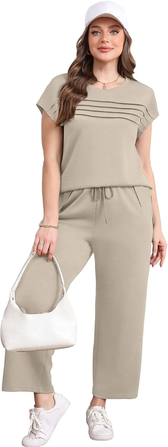 WIHOLL Two Piece Sets for Women Summer Travel Vacation Outfits Cap Sleeve Lounge Matching Sets Wide Leg Pants S-3XL