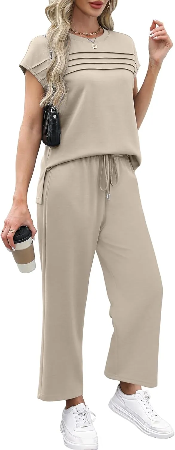 WIHOLL Two Piece Sets for Women Summer Travel Vacation Outfits Cap Sleeve Lounge Matching Sets Wide Leg Pants S-3XL