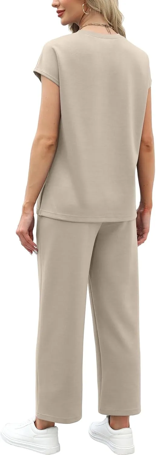 WIHOLL Two Piece Sets for Women Summer Travel Vacation Outfits Cap Sleeve Lounge Matching Sets Wide Leg Pants S-3XL