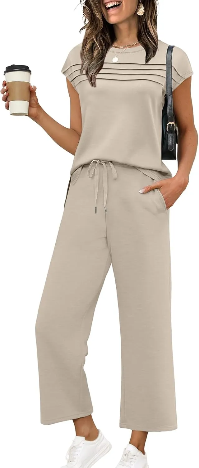 WIHOLL Two Piece Sets for Women Summer Travel Vacation Outfits Cap Sleeve Lounge Matching Sets Wide Leg Pants S-3XL