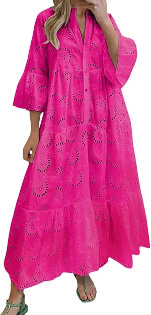 Women Eyelet Boho Maxi Elegant Lace Hollow Dress Summer V Neck Bell Sleeve Ruffle Casual Flowy Long Dresses