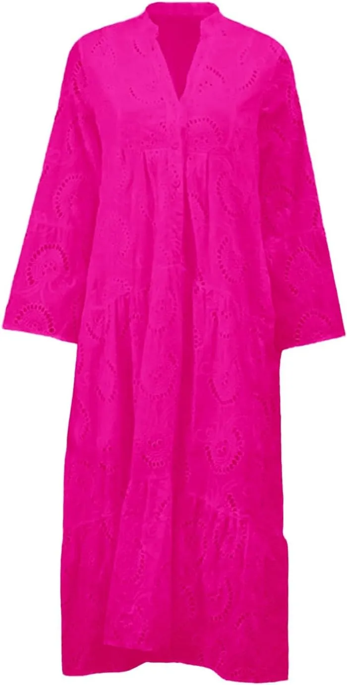 Women Eyelet Boho Maxi Elegant Lace Hollow Dress Summer V Neck Bell Sleeve Ruffle Casual Flowy Long Dresses