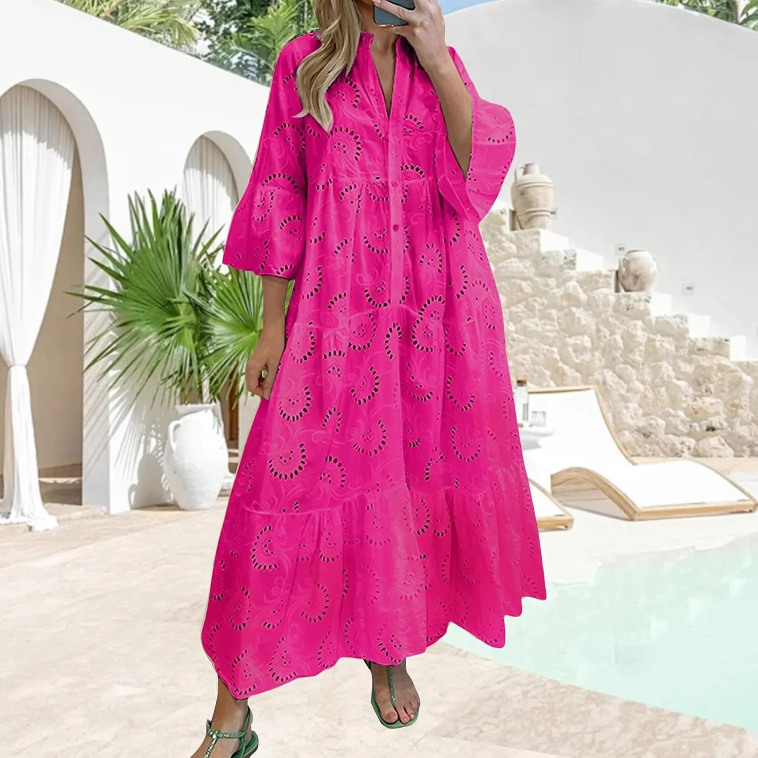 Women Eyelet Boho Maxi Elegant Lace Hollow Dress Summer V Neck Bell Sleeve Ruffle Casual Flowy Long Dresses
