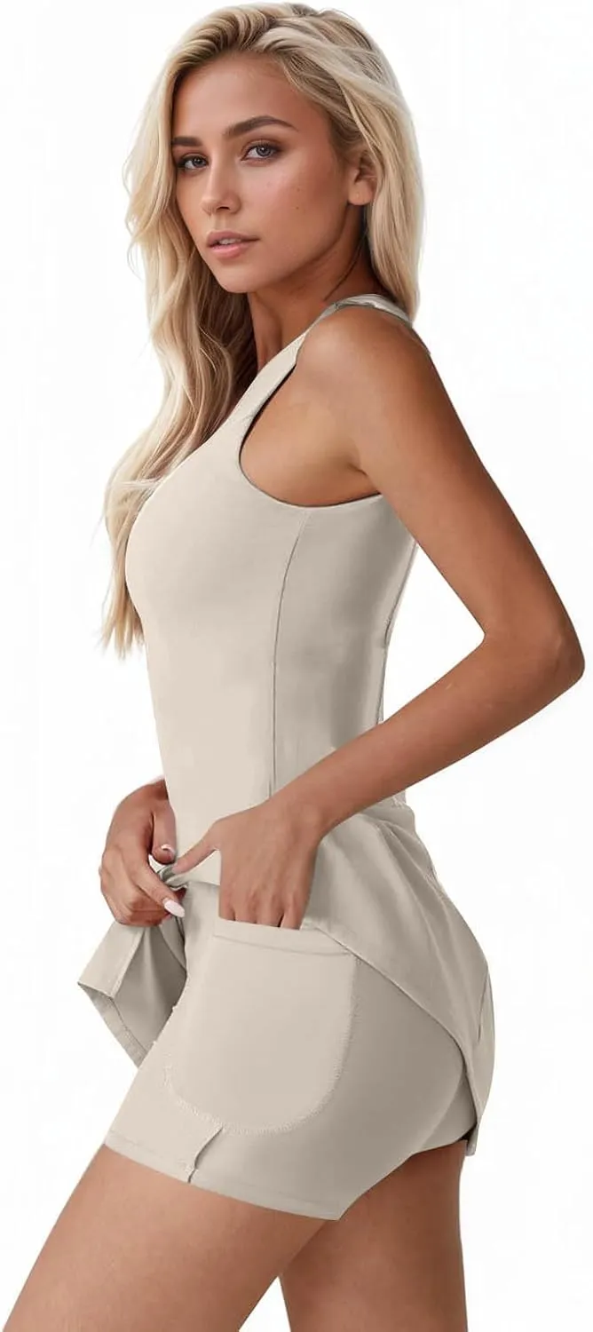 Women Tennis Dress Crew Neck Sleeveless Athletic Dresses with Built in Shorts Side Slit Workout Dresses with Pockets