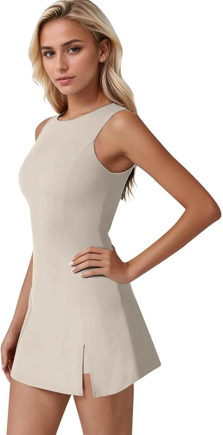 Women Tennis Dress Crew Neck Sleeveless Athletic Dresses with Built in Shorts Side Slit Workout Dresses with Pockets
