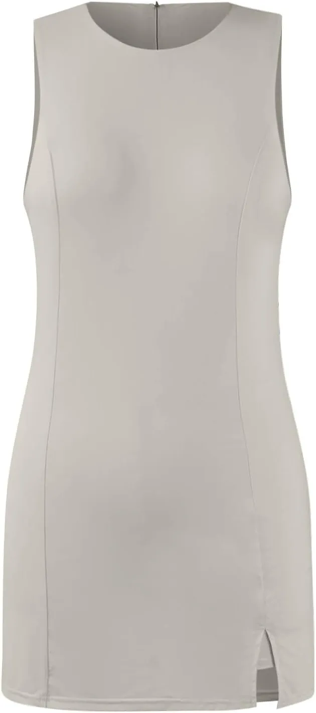 Women Tennis Dress Crew Neck Sleeveless Athletic Dresses with Built in Shorts Side Slit Workout Dresses with Pockets