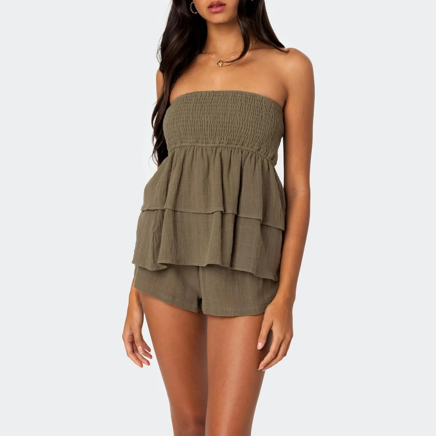 Women Y2k Strapless Tube Top Cute Sleeveless Ruffle Hem Babydoll Tank Top E-Girl Aesthetic Smocked Crop Top Clubwear