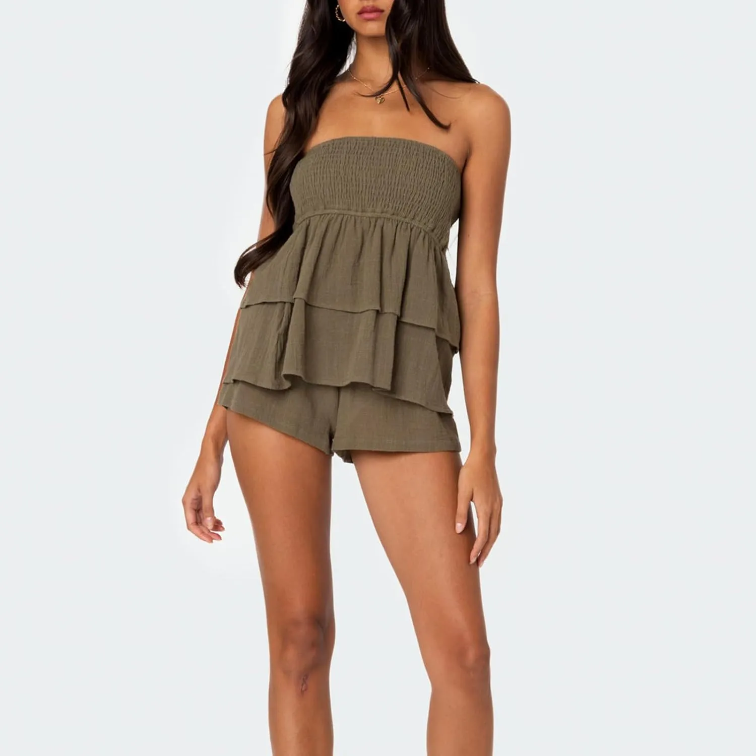 Women Y2k Strapless Tube Top Cute Sleeveless Ruffle Hem Babydoll Tank Top E-Girl Aesthetic Smocked Crop Top Clubwear