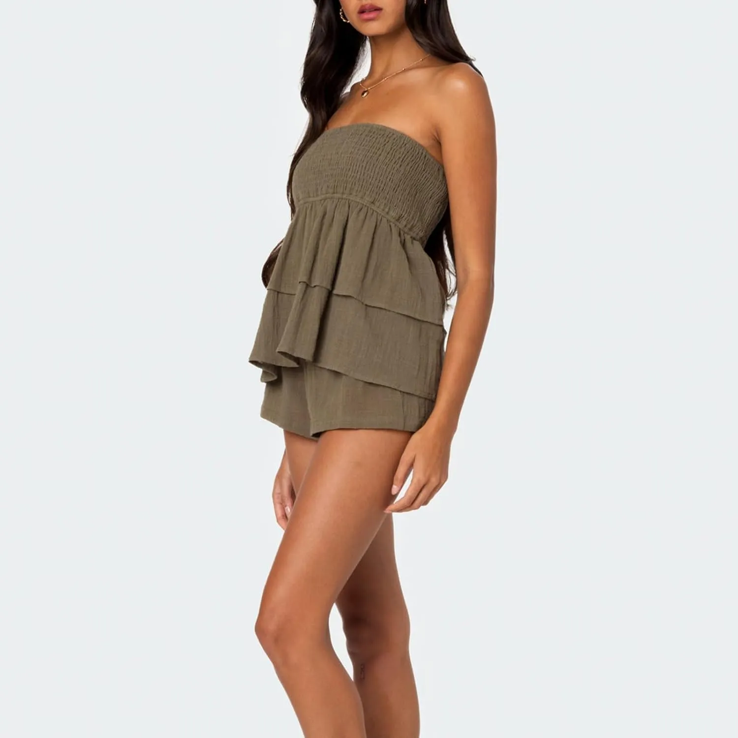 Women Y2k Strapless Tube Top Cute Sleeveless Ruffle Hem Babydoll Tank Top E-Girl Aesthetic Smocked Crop Top Clubwear