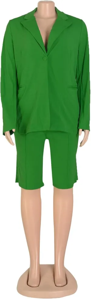 Women's 2024 Two Piece Outfits Casual Solid Color Open Front Blazer Shorts Set One Button Up Jacket and Bermuda Short Suits