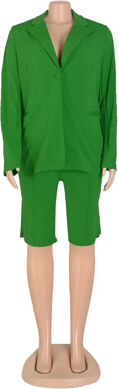 Women's 2024 Two Piece Outfits Casual Solid Color Open Front Blazer Shorts Set One Button Up Jacket and Bermuda Short Suits
