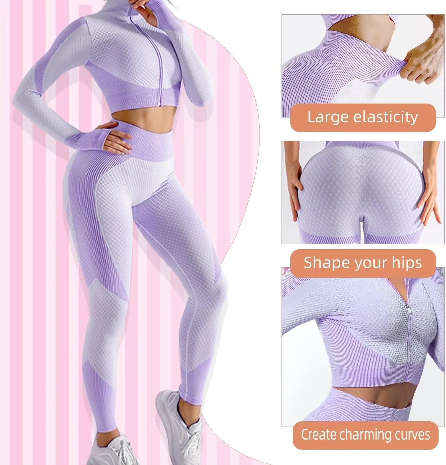 Women's 3pcs Seamless Workout Outfits Sets, Yoga Sportswear Tracksuit Leggings and Stretch Sports Bra Fitness