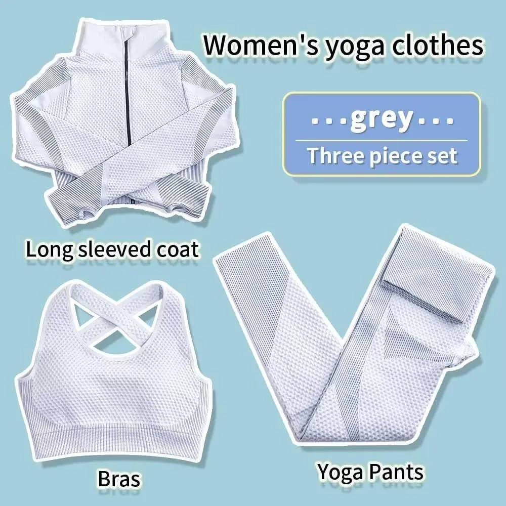 Women's 3pcs Seamless Workout Outfits Sets, Yoga Sportswear Tracksuit Leggings and Stretch Sports Bra Fitness