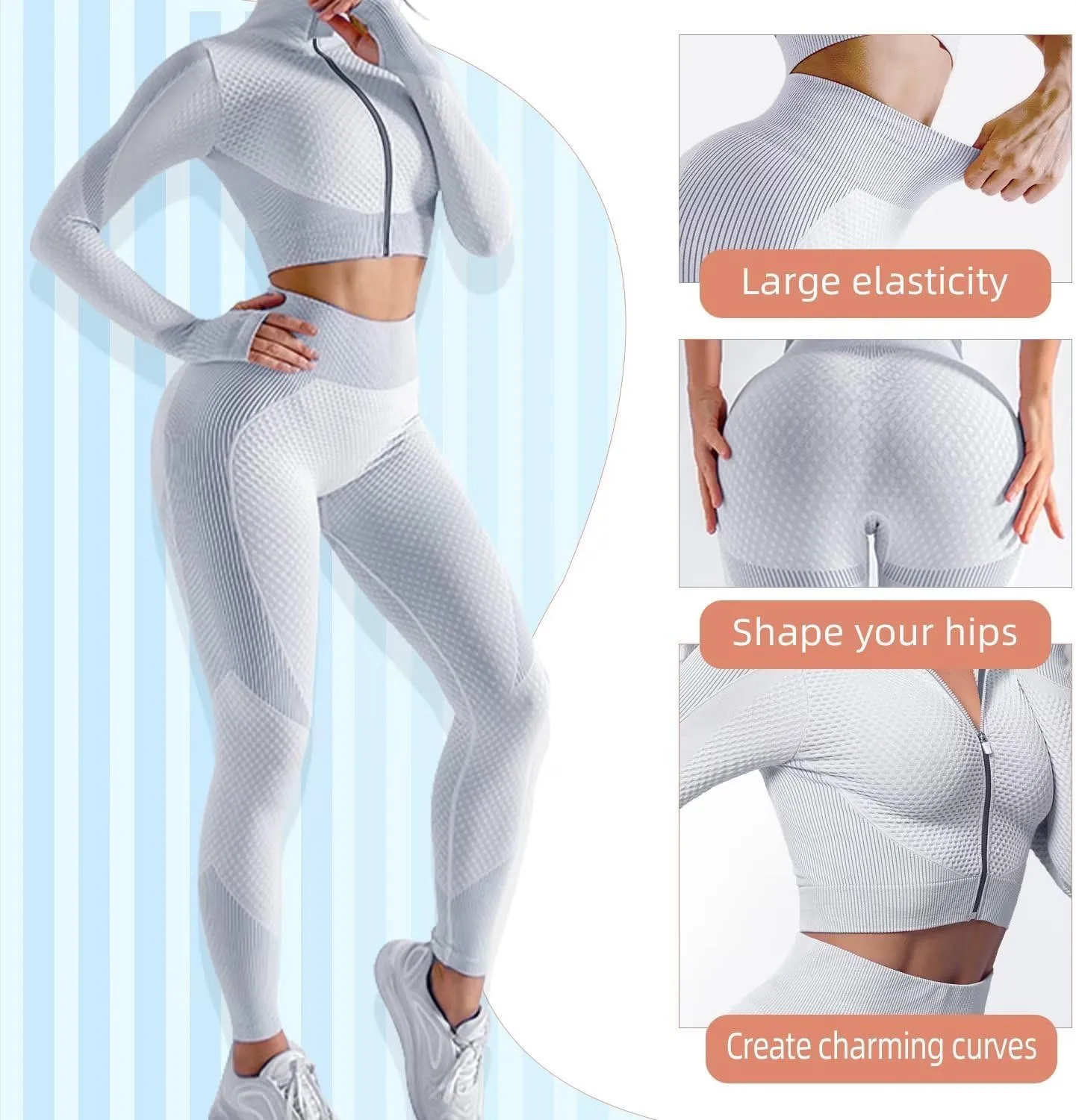 Women's 3pcs Seamless Workout Outfits Sets, Yoga Sportswear Tracksuit Leggings and Stretch Sports Bra Fitness