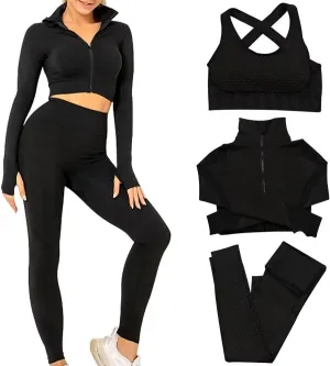 Women's 3pcs Seamless Workout Outfits Sets, Yoga Sportswear Tracksuit Leggings and Stretch Sports Bra Fitness