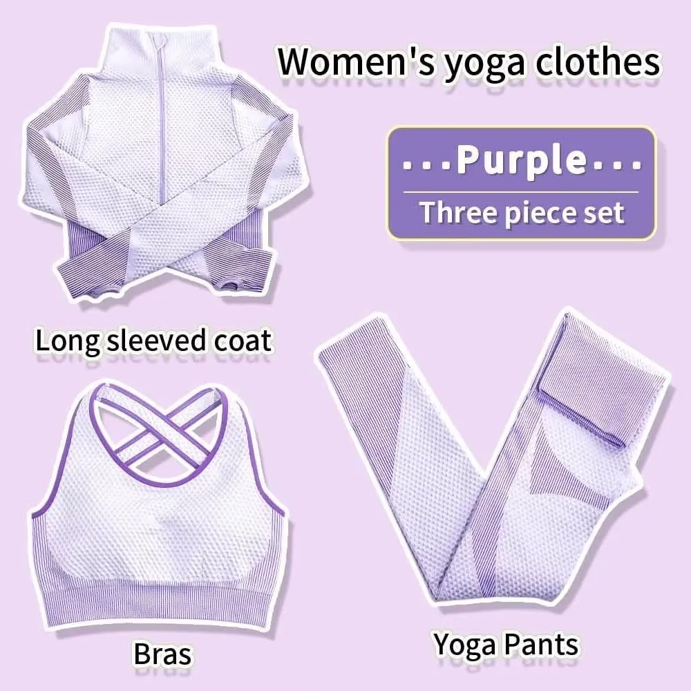 Women's 3pcs Seamless Workout Outfits Sets, Yoga Sportswear Tracksuit Leggings and Stretch Sports Bra Fitness