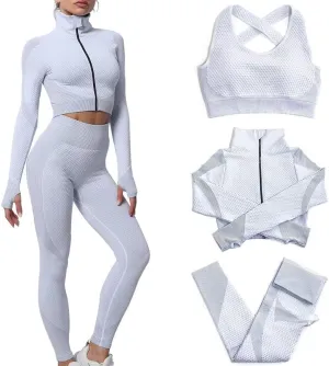 Women's 3pcs Seamless Workout Outfits Sets, Yoga Sportswear Tracksuit Leggings and Stretch Sports Bra Fitness