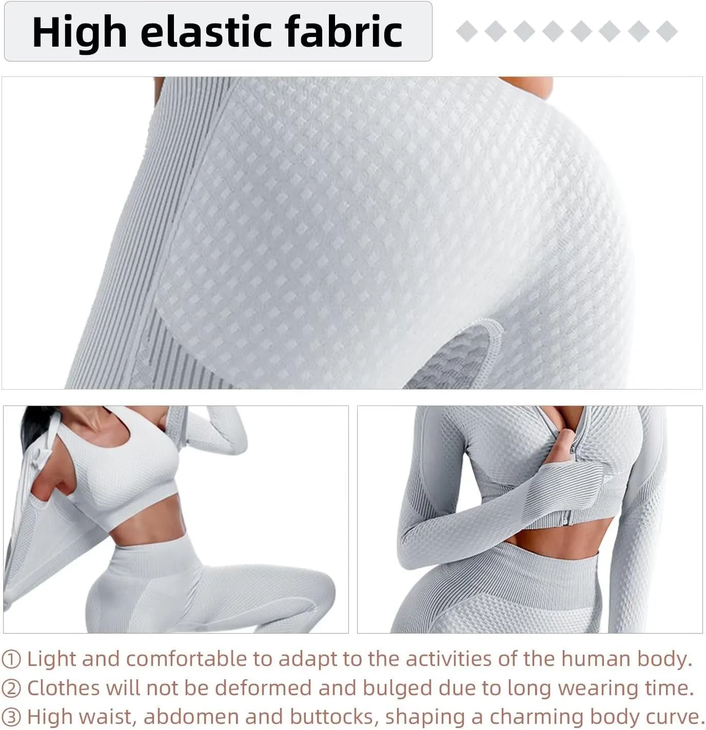 Women's 3pcs Seamless Workout Outfits Sets, Yoga Sportswear Tracksuit Leggings and Stretch Sports Bra Fitness