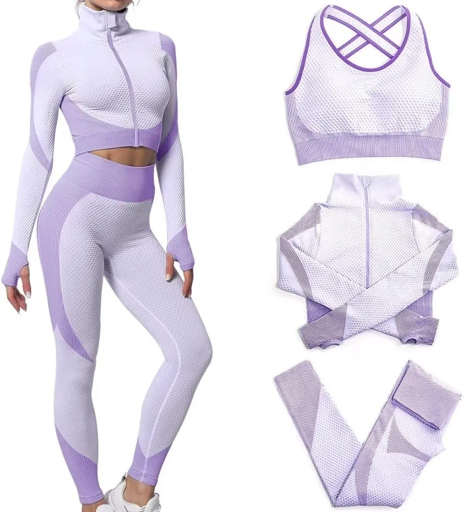 Women's 3pcs Seamless Workout Outfits Sets, Yoga Sportswear Tracksuit Leggings and Stretch Sports Bra Fitness