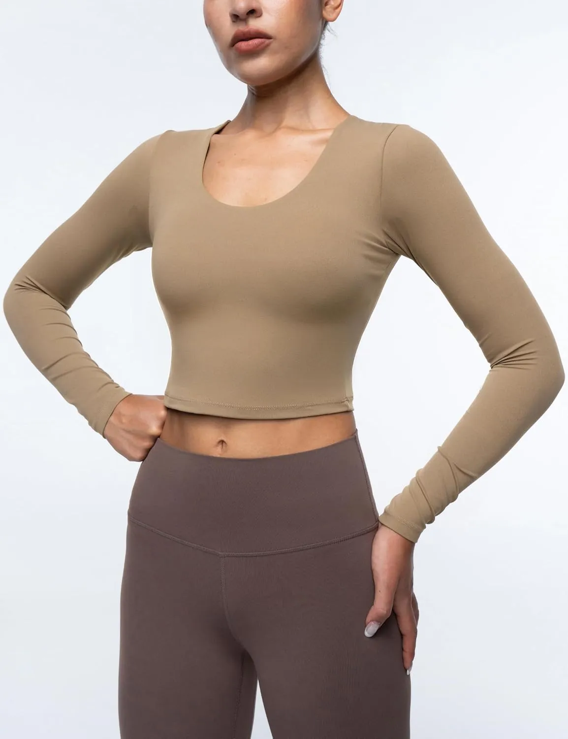 Womens Long Sleeve Shirts Workout Crop Tops Yoga Tee Built in Bra Mild Support Cream Feeling Athletic Top U-Neck