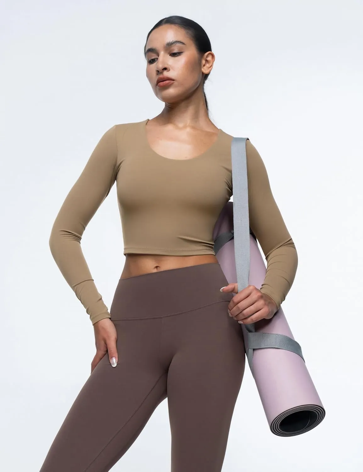 Womens Long Sleeve Shirts Workout Crop Tops Yoga Tee Built in Bra Mild Support Cream Feeling Athletic Top U-Neck