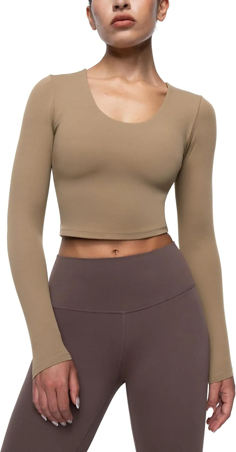 Womens Long Sleeve Shirts Workout Crop Tops Yoga Tee Built in Bra Mild Support Cream Feeling Athletic Top U-Neck