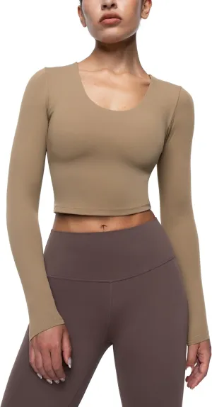 Womens Long Sleeve Shirts Workout Crop Tops Yoga Tee Built in Bra Mild Support Cream Feeling Athletic Top U-Neck