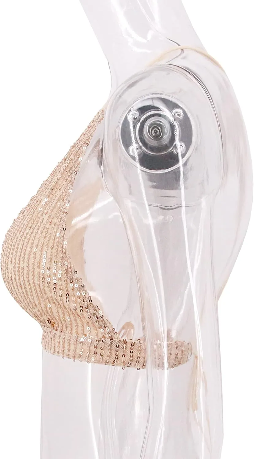 Womens Sexy Sequin Crop Top V Neck Bandage Tank Top Bustier Cami Dance Bra Top for Club Rave