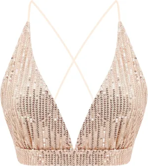 Womens Sexy Sequin Crop Top V Neck Bandage Tank Top Bustier Cami Dance Bra Top for Club Rave