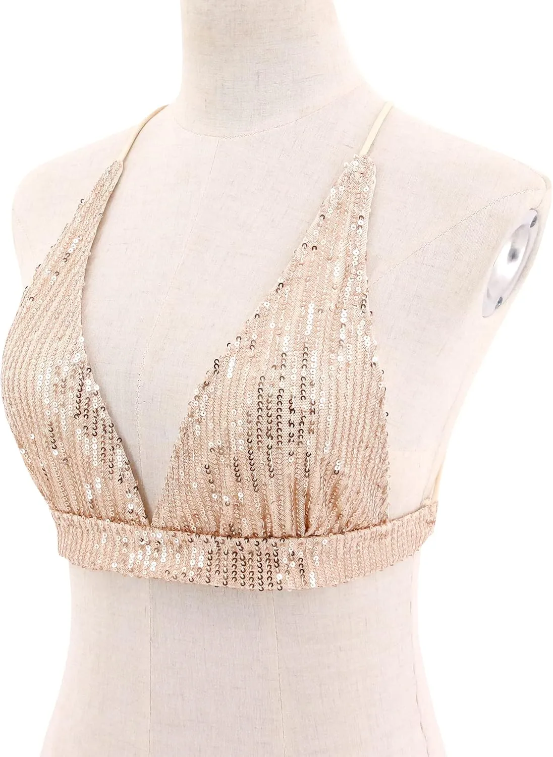 Womens Sexy Sequin Crop Top V Neck Bandage Tank Top Bustier Cami Dance Bra Top for Club Rave