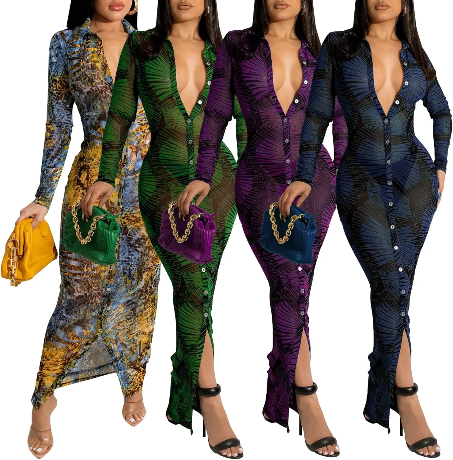 Women's Sheer Mesh Long Sleeve Bodycon Midi Dress Club Night Out Dresses Beach Cover Up Dress