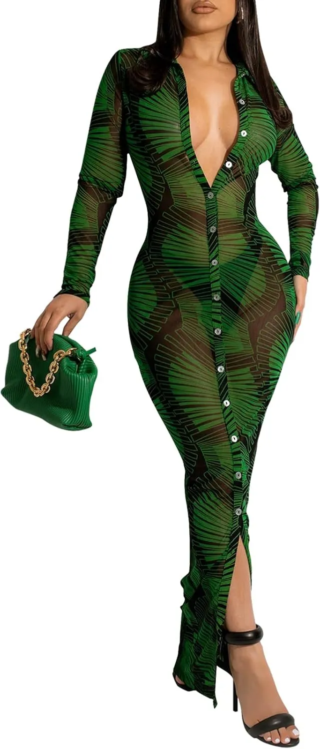 Women's Sheer Mesh Long Sleeve Bodycon Midi Dress Club Night Out Dresses Beach Cover Up Dress