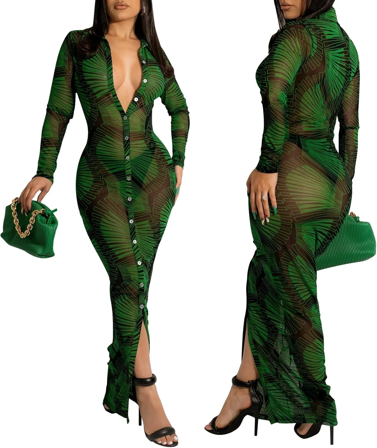 Women's Sheer Mesh Long Sleeve Bodycon Midi Dress Club Night Out Dresses Beach Cover Up Dress